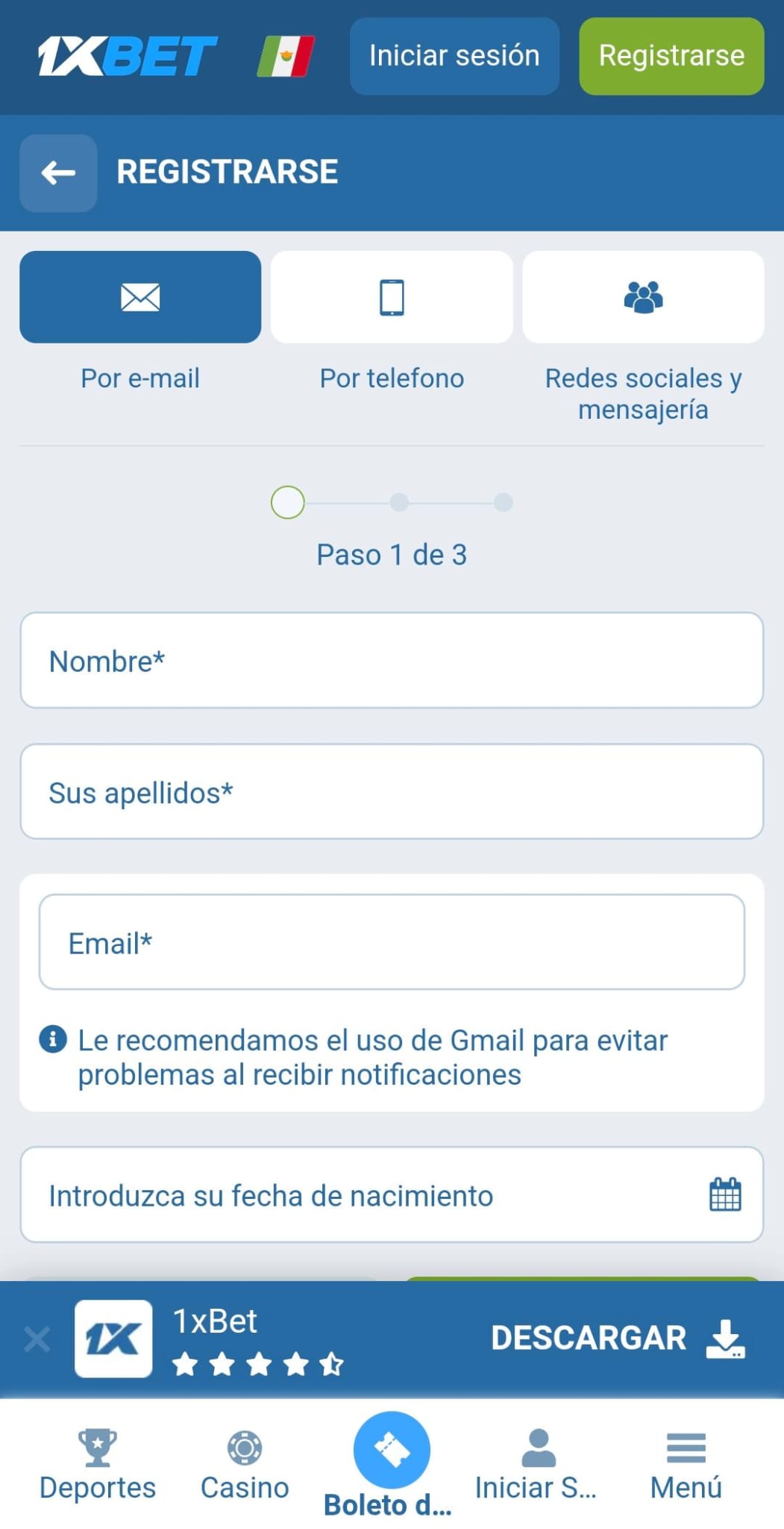 Registro 1xbet movil
